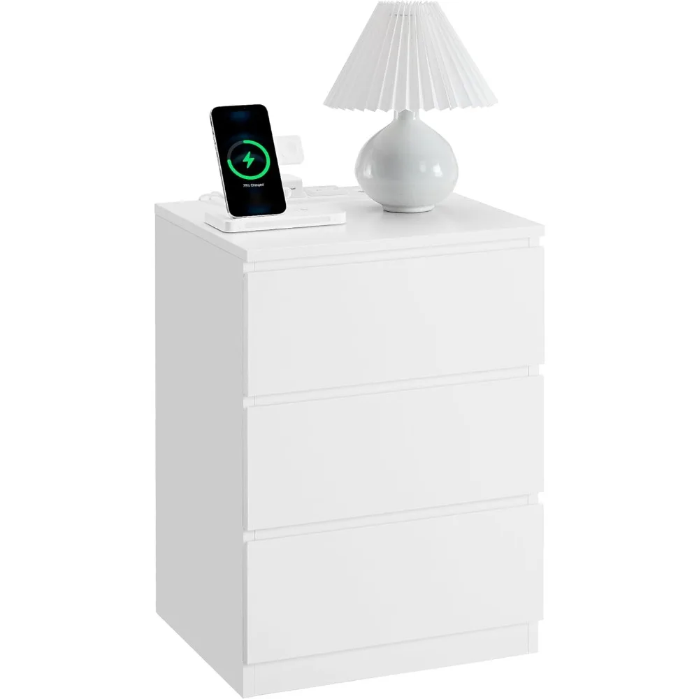 

Nightstand with Charging Station, Bedside Table, Side End Table with 3 Drawers, 2 AC Outlets, 2 USB Ports, for Bedroom, Modern,