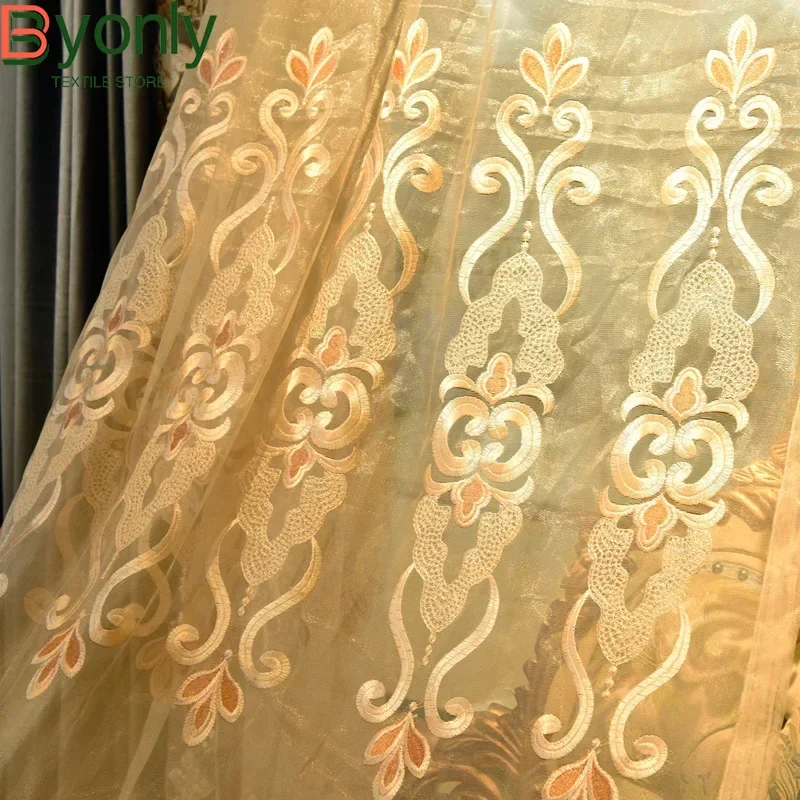 

European Gold Embroidered Window Screen Curtains for Living Room Bedroom French Window Finished Balcony Bay Window Partition