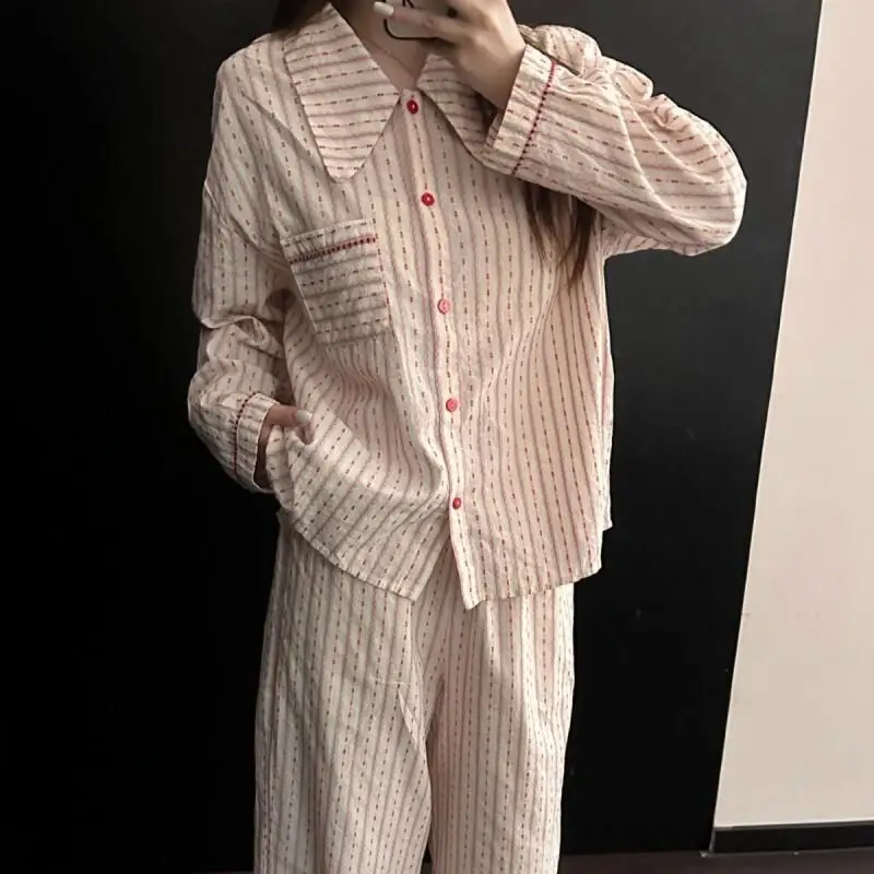 

Сексуальный пижамный комплект, корейская тонкая и простая полосатая пижама для женщин на весну и осень, повседневный домашний костюм с лацканами, новинка, координация