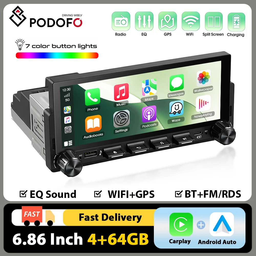 Podofo 4+64G Android In-Car-Stereoanlage mit Incell-Bildschirm, kabelloses Carplay, Android Auto, Multimedia-Player, GPS, WLAN, Mirror-Link, Split-Screen-Funktion, FM/RDS, Bluetooth, USB,
