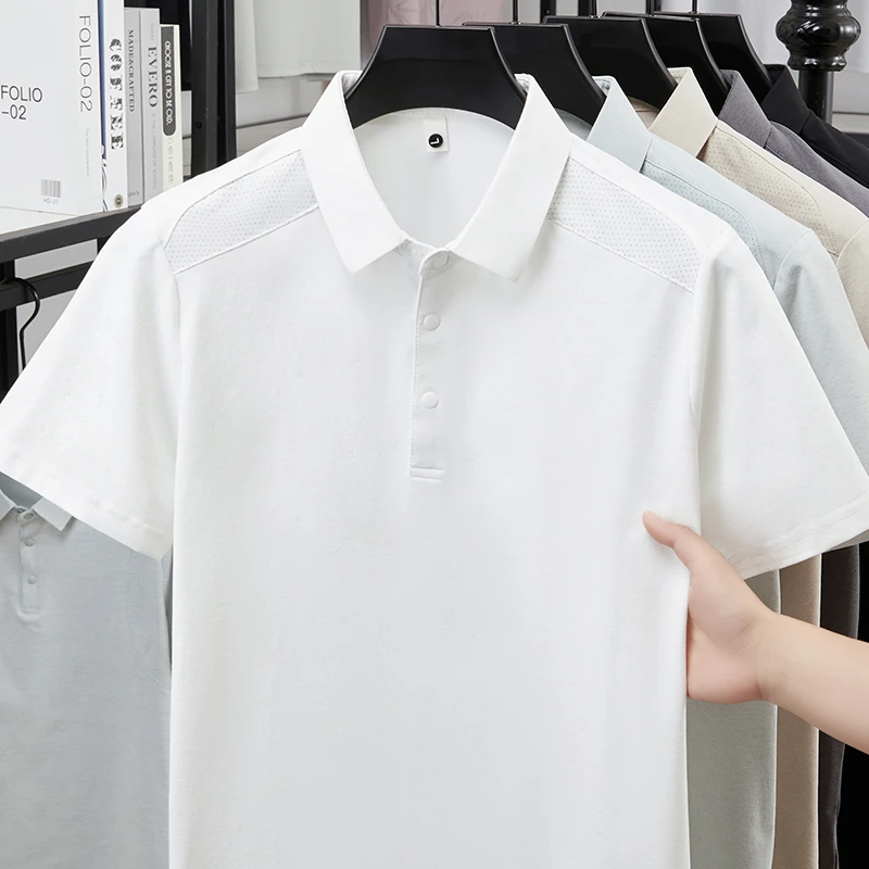 Herren Poloshirt mit Reverskragen, Kurzarm, Weicher Knitterfreier Stoff, Perforierte Schultern, Lässiges Business-Alltags-Sommeroutfit – Detail 10
