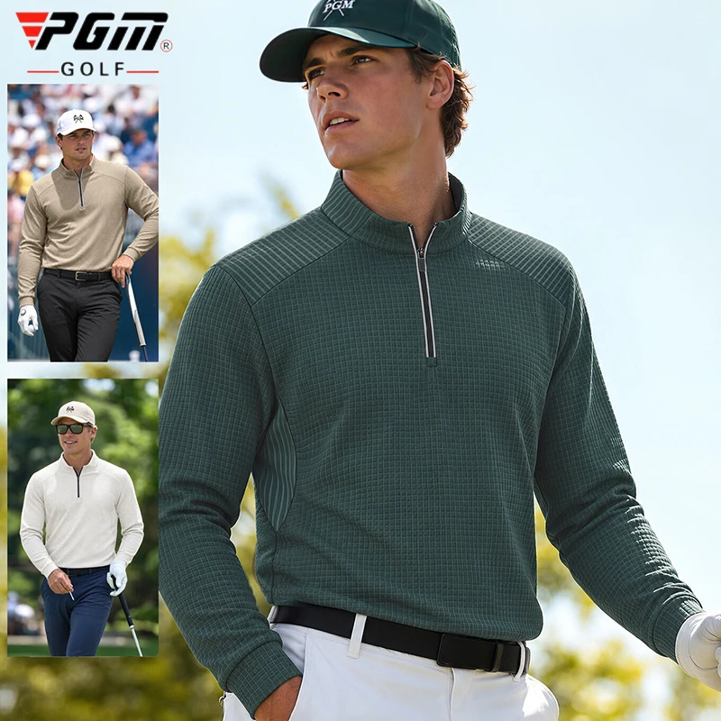 Pgm Vintage Male Golf Polo Shirts Men Long Sleeve Zipper Collar Golf Tops Breathable Waffle Texture Casual Golf Pullover