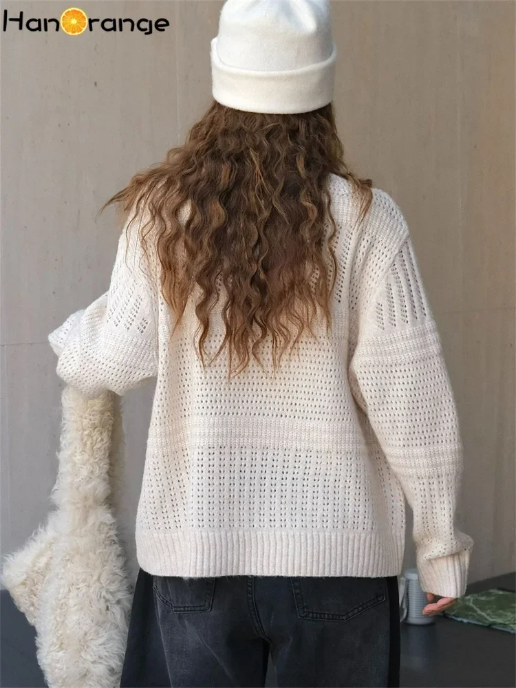 HanOrange 2024 Autumn Lazy Hollow Woven Pullover Wool Knitted Sweater Women Soft Comfortable Knitting Top