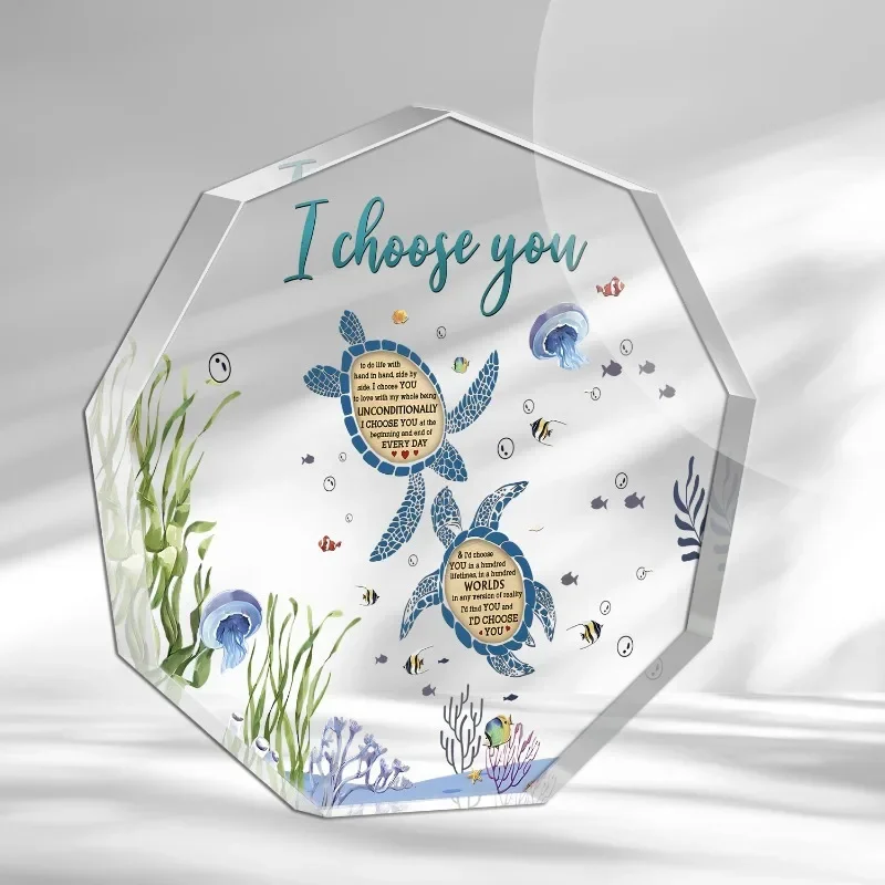 Acrylic Hexagon Souvenir, Sea Turtle & Coral Reef Design, Romantic 
