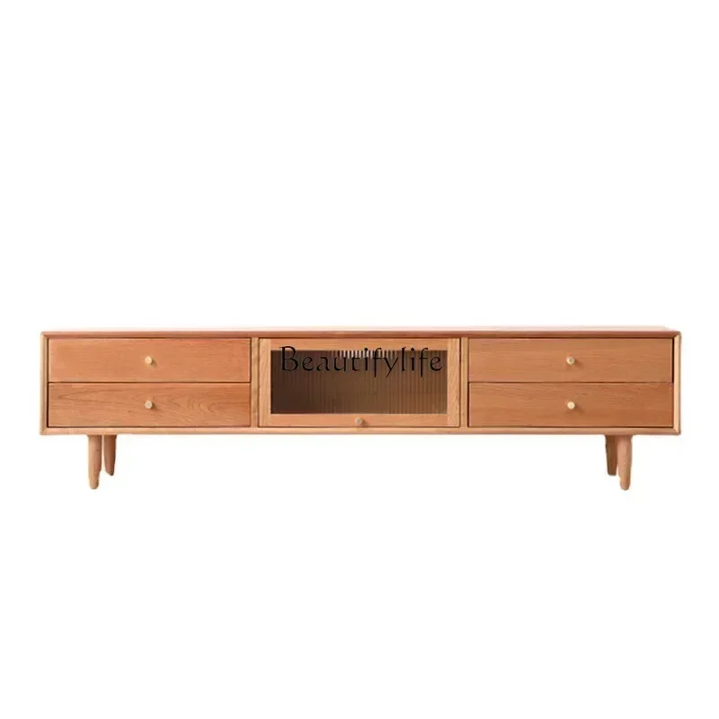 

01 Nordic solid wood TV cabinet, cherry wood log oak furniture, simple Japanese-style small apartment floor cabinet