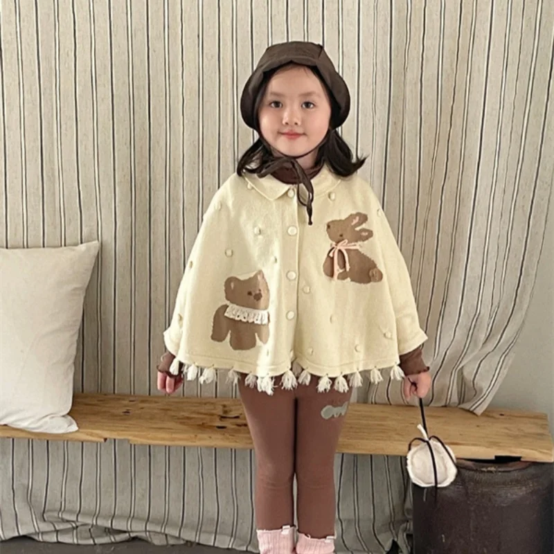 Girls Cloak Coat Overcoat Jacket Shawl 2024 Bow Winter Autumn Warm Cotton Windbreak Outerwear Children's Clothing