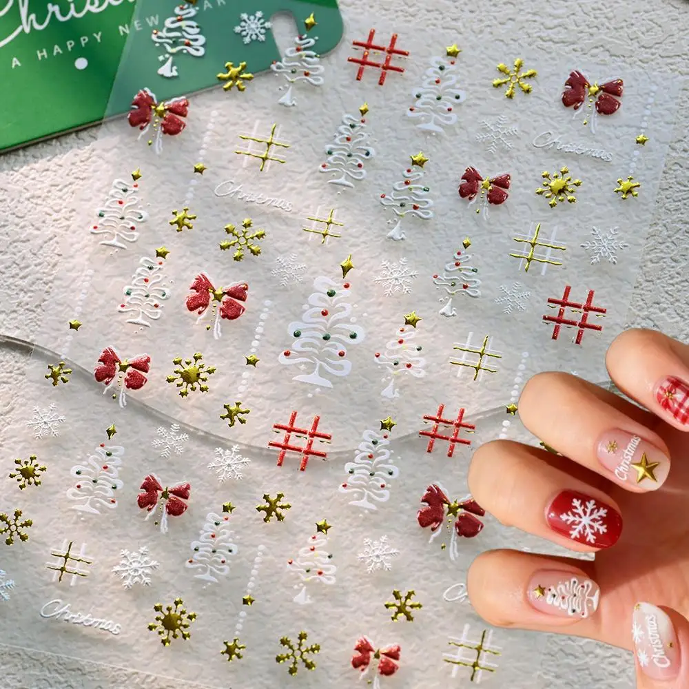 1 Stücke 5D Rote Schleife Gold Schneeflocken Weihnachten Nagelaufkleber Bunte Punkt Weihnachtsbaum/Gitter Nagelaufkleber Klebstoff Winter Nagelschieber