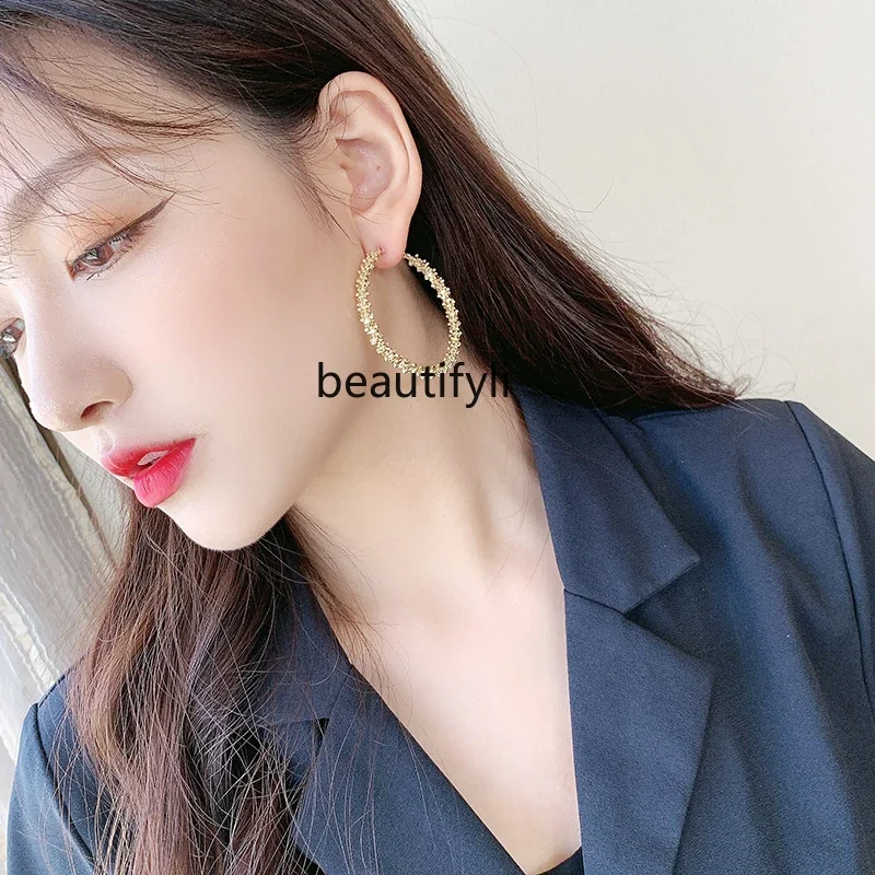 Light luxury personality exaggerated earrings new trendy super fairy metal big circle sterling silver earrings women