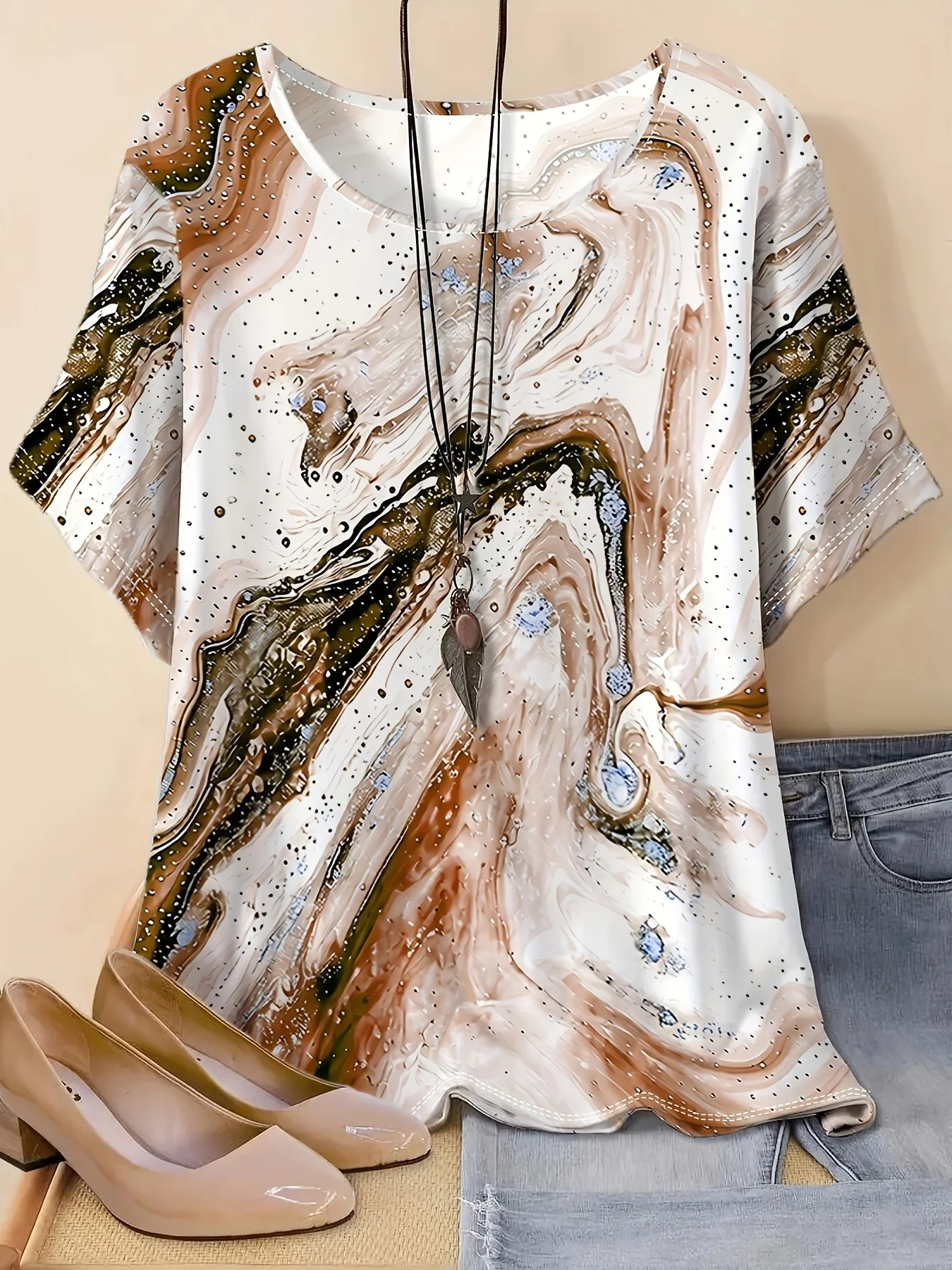 Women Round Neck Short Sleeve Blouse Blue White Marble Swirl Glitter Print Loose Breathable Casual Summer Daily Top