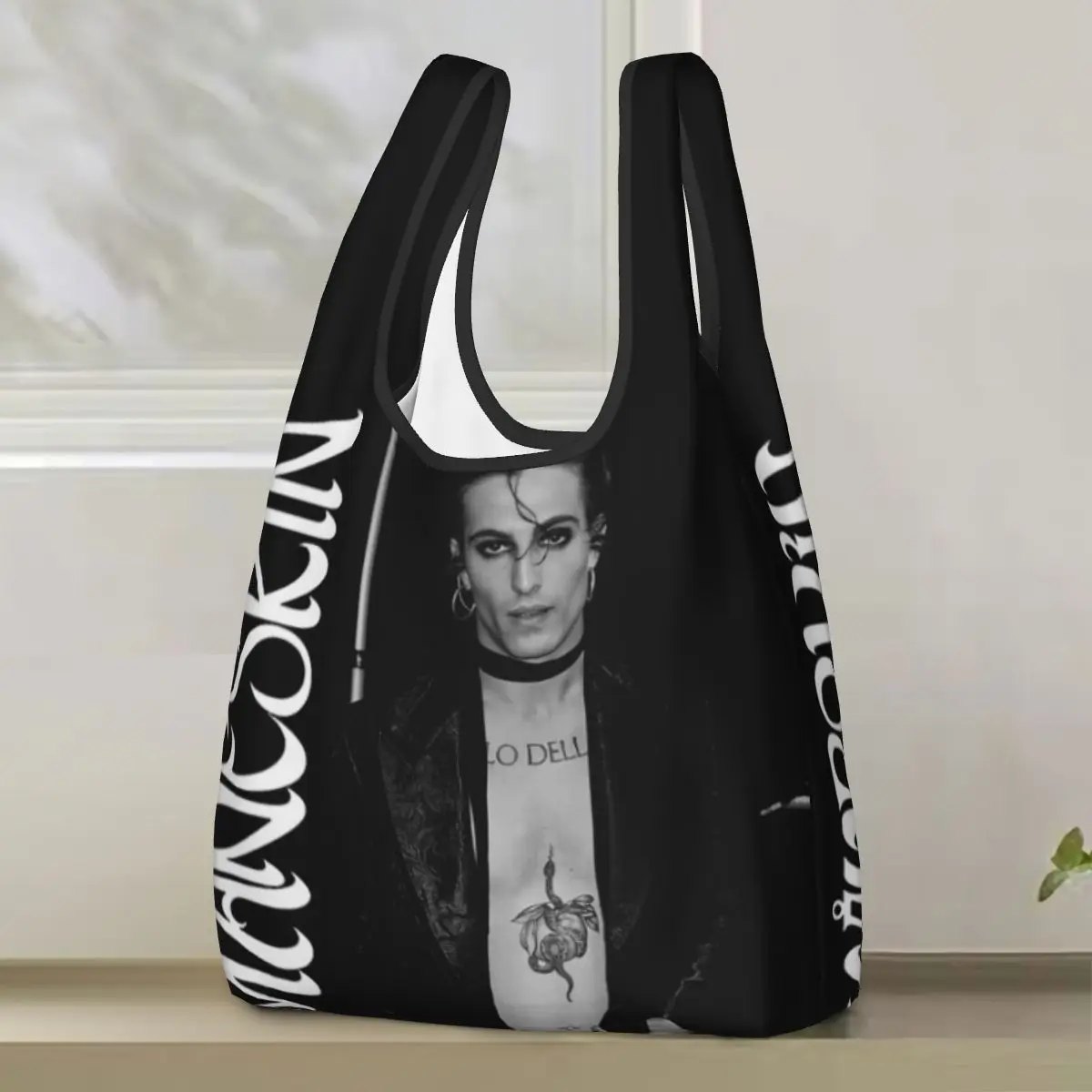 

Damiano David Maneskin Shopping Bag Portable Tote Bags Foldable Shoulder Shopper Bag Grocery Handbag