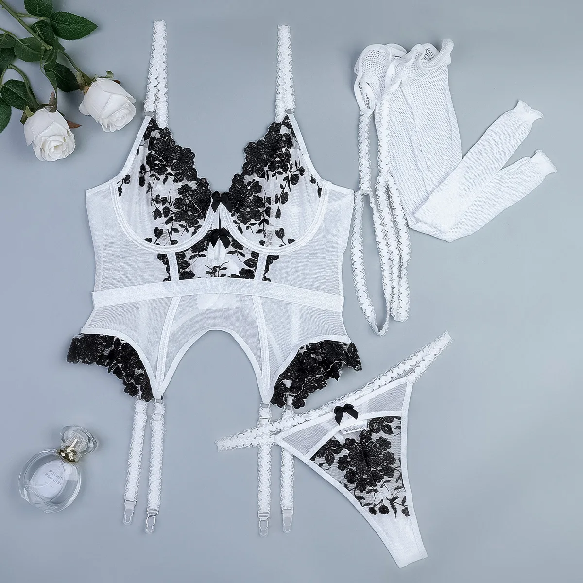 ECTOOKO Fishnet Stockings Legs Exquisite Embroidery Flowers Stitching Playful Waistband Suspender Erotic Underwear Set