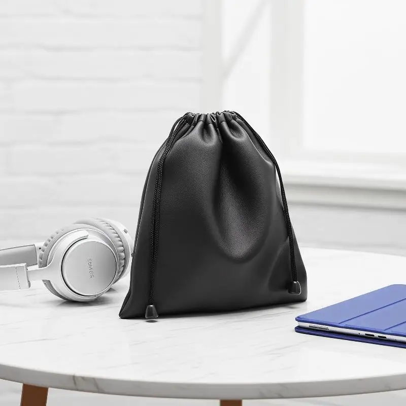 1Pcs Durable Black Dust-proof Drawstring Bag Draw String Bag Headphone Bags PU Leather Headset Bag Durable Multi Purpose Storage view 4
