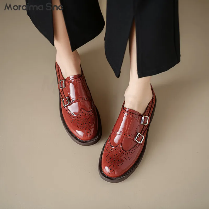 

Belt Buckle Brogue Leather Shoes Round Toe, Deep Mouth Casual Shoes Retro Mid-Heel Fashionable and Versatile Women's Shoes