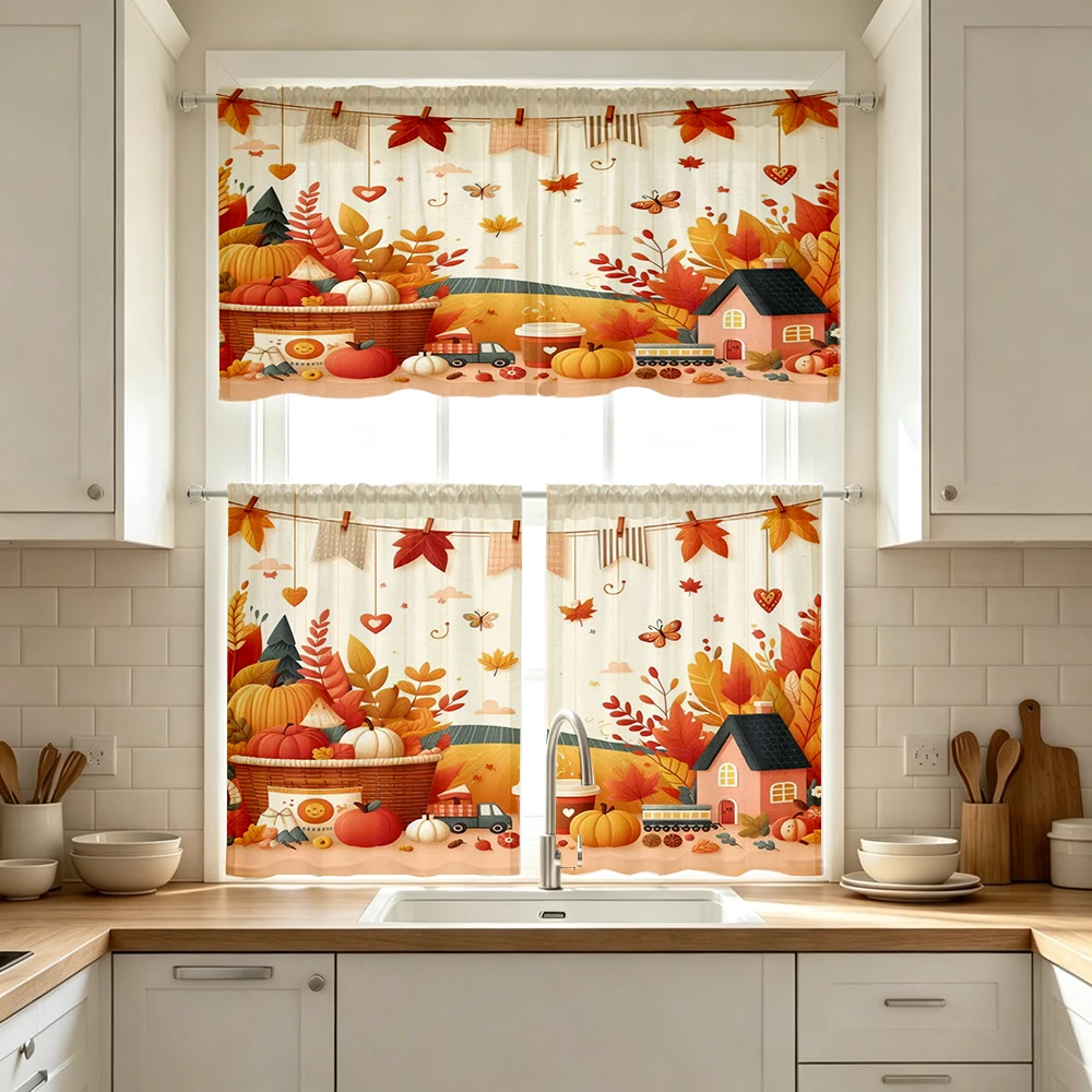 Thanksgiving Fall Kitchen Curtains, Autumn Farm, Digital Print, Kitchen Dining Room, Rod Pocket Polyester, Home Decor Cafe