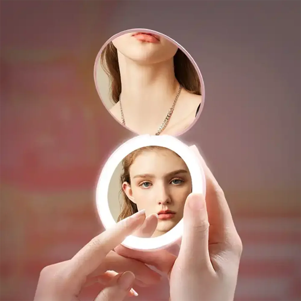 Compact Magnifying Makeup Mirror Portable Folding Cosmetic Mirror With Light Led Rechargeable Double Side Mini Mirror For Travel