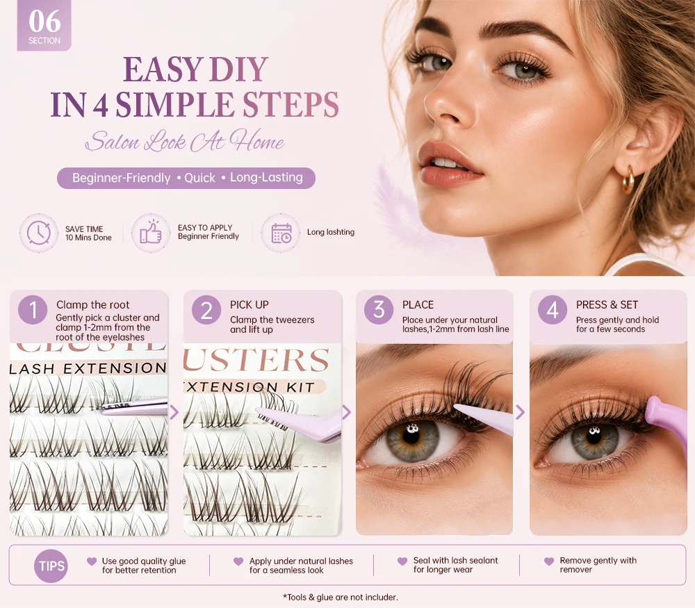 Yelix Natürliche Braune Wispy Cluster Wimpern Gemischt 8-16mm Unsichtbares Weiches Band DIY Wimpernverlängerungen für Heim- und Salongebrauch – Detail 6