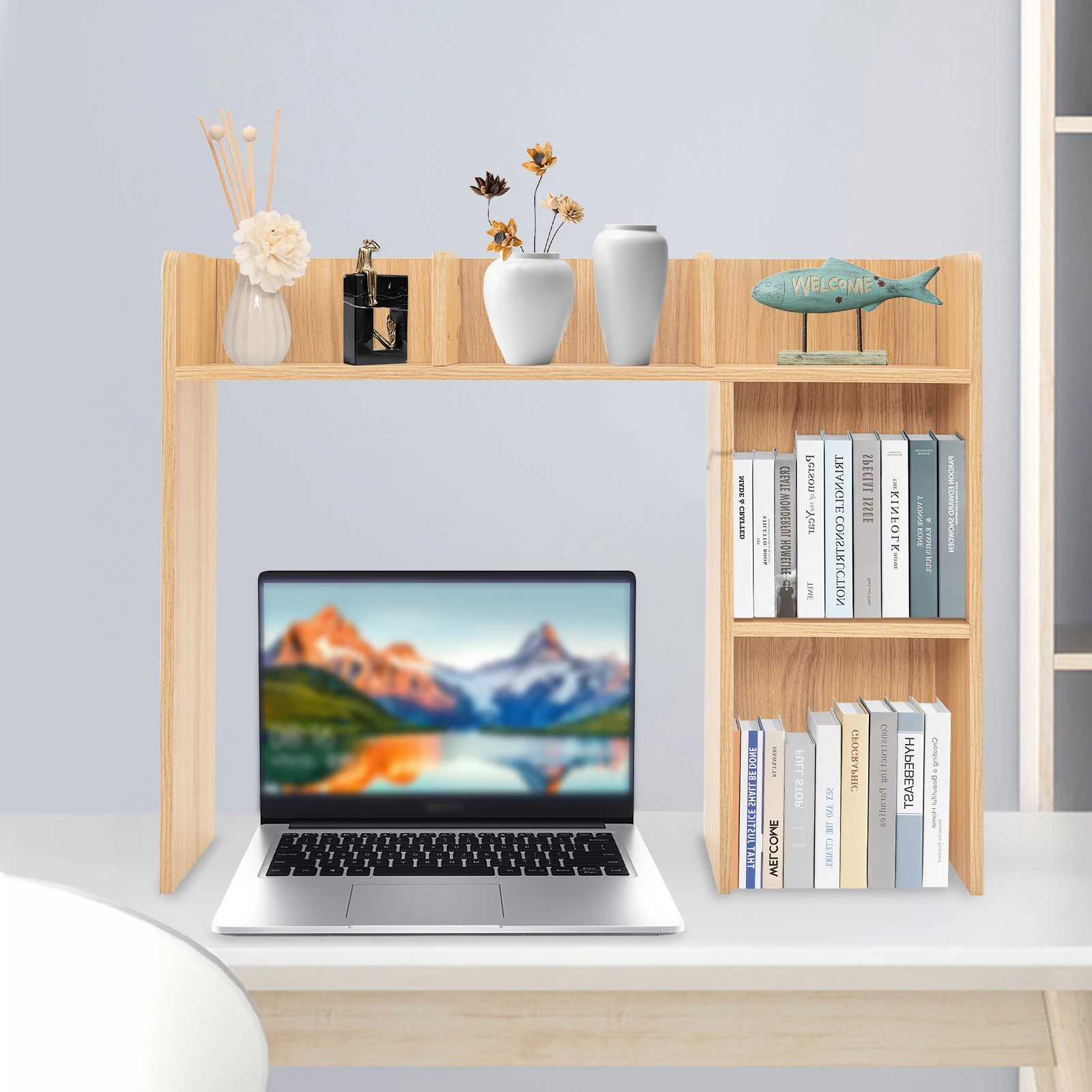 

66LBS Desk Bookshelf Organizer Wood File Holder Rack for Office Home, Space Saving Multi-Purpose Stand