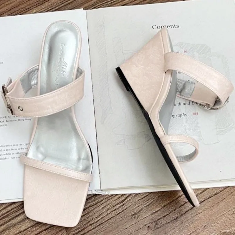 

Square Toe Wedges Women Sandals Narrow Strap Buckle Open Toe High Heels Women Summer Fashion Comfortable Super High Heeled Shoes