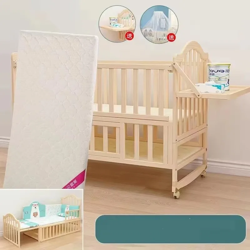 Comfortable Baby Bed,Solid Wood,Movable,with Diaper Changing Table and Mosquito Net,Multifunctional Baby Bed, Adjustable Height