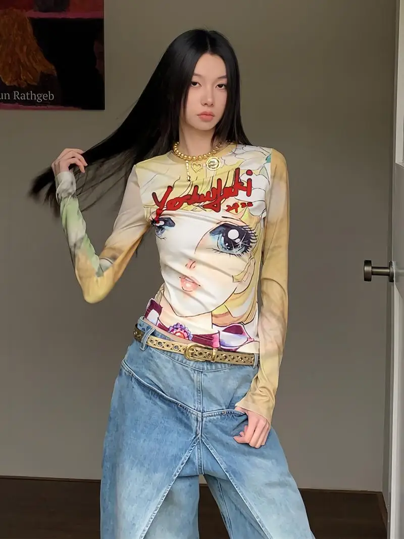 HOUZHOU – haut ajusté à col rond pour femmes, style subculture Anime, imprimé Magical Girl, Y2K, simple, mignon, flatteur, amincissant, à manches longues