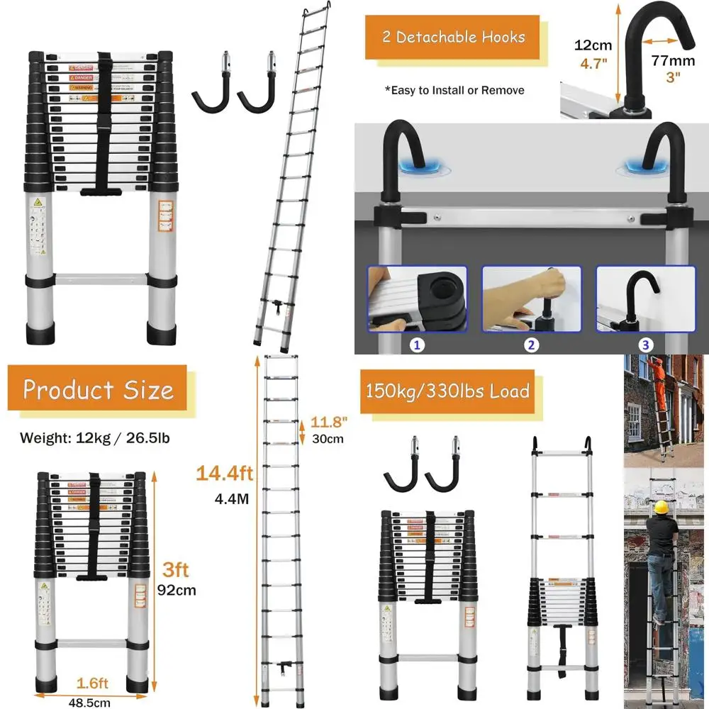

Aluminum Telescoping Extension Ladder 14.4ft with 330lbs Load Capacity, Folding Design, Anti-Slip Rubber Feet, Easy Storage for