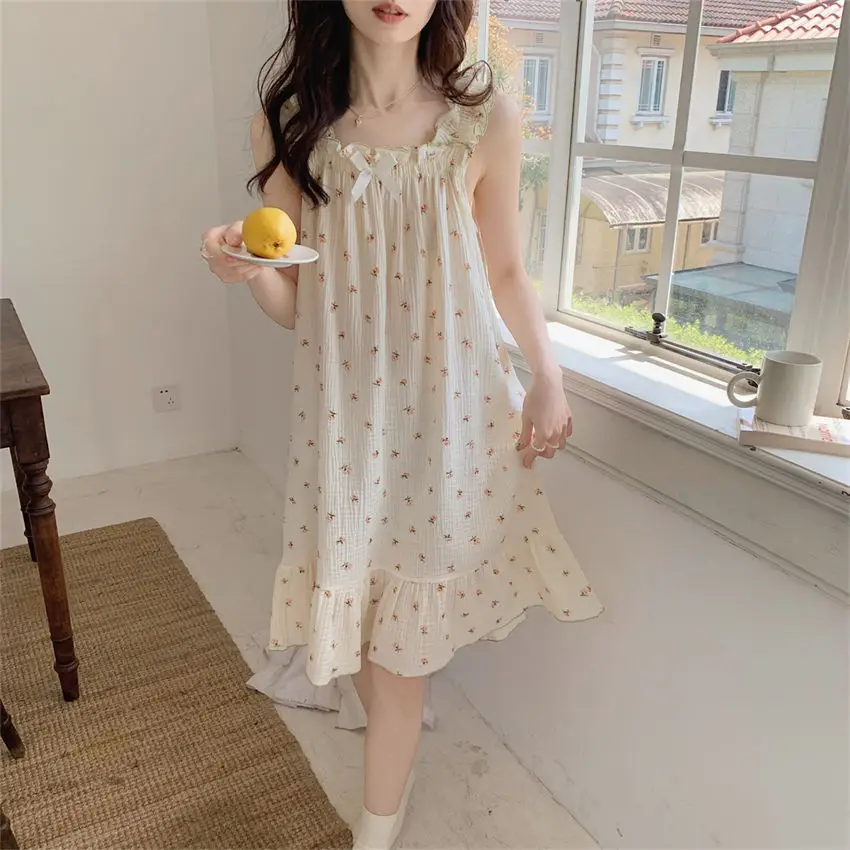 Korean Style Nightgown Sleepwear Womens Floral Night Dress Summer Bow Sleep Nightwear Ruffles Pajamas Spaghetti Strap Home Wears