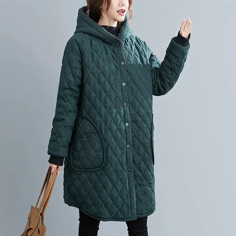Winter Hooded Cotton Jacket Women Plush Thicke Cold-Proof Long Quilted Cotton Padded Clothes Female Windbreakers Outerwear 2025
