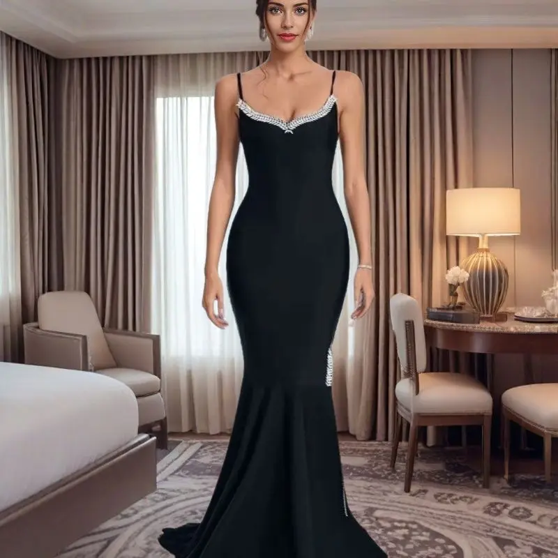 

Elegant Black Diamond Embellished Slim Fit Strapless Evening Dress Cross-Border 2025 New Style Sexy Polyester Knitted Gown
