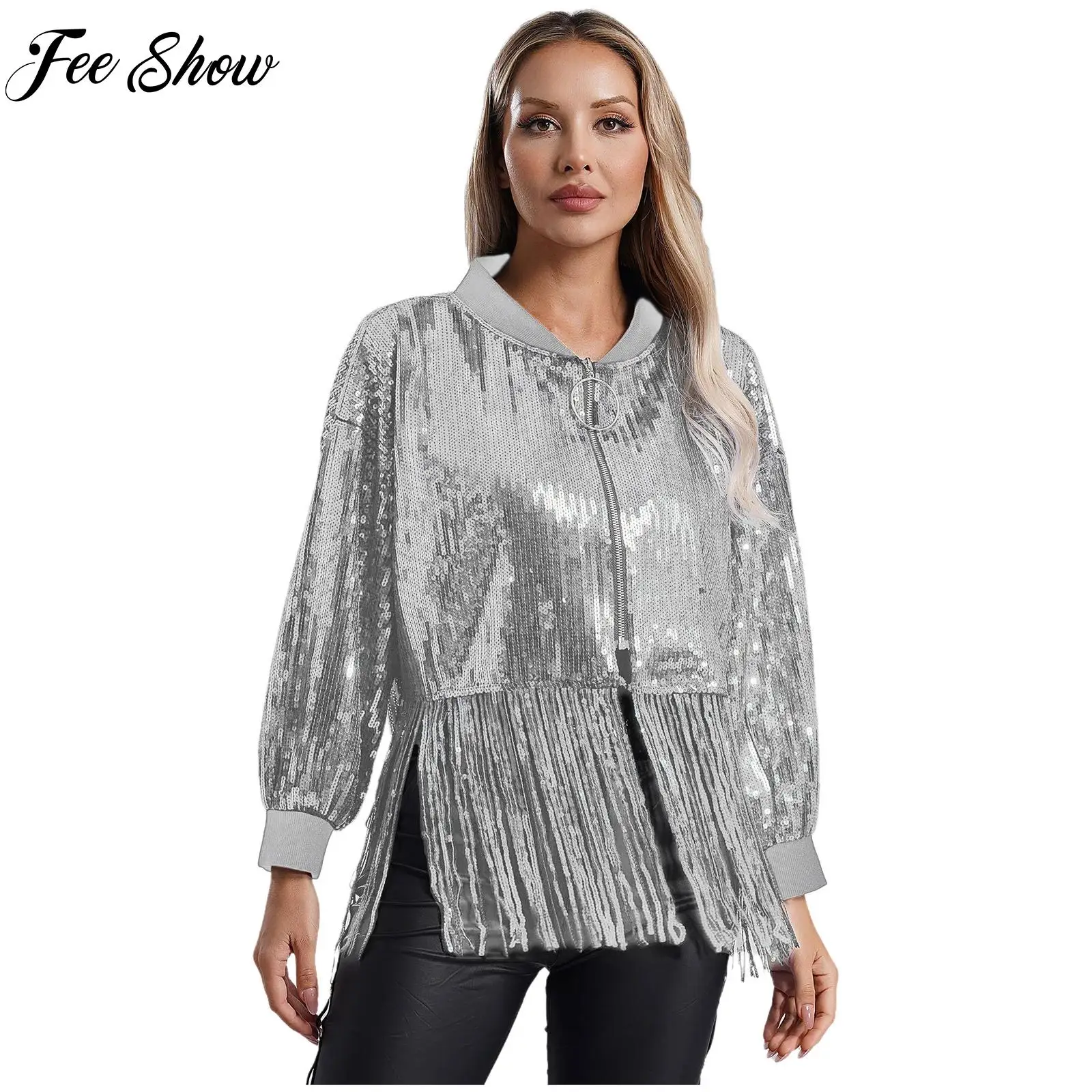 Women Outerwear Shiny Sequin Zip Jacket Fashon Women's Fringed Coatfor Nightclub Bar Music Festival Rave Party Carnival Costume