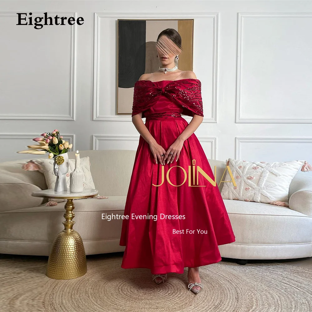 

Eightree Red Elegant Evening Dresses Saudi Off The Shoulder Satin Sequined Long A Line Party Dresses Birthday Dresses Luxury