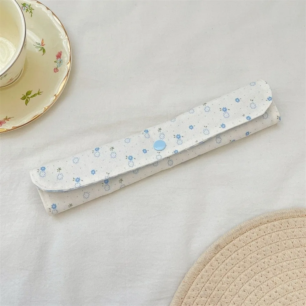 Floral Plaid Spliced Tableware Storage Bag Snap Button Fixed Portable Lightweight Cutlery Organizer Bag Utensil Pouch