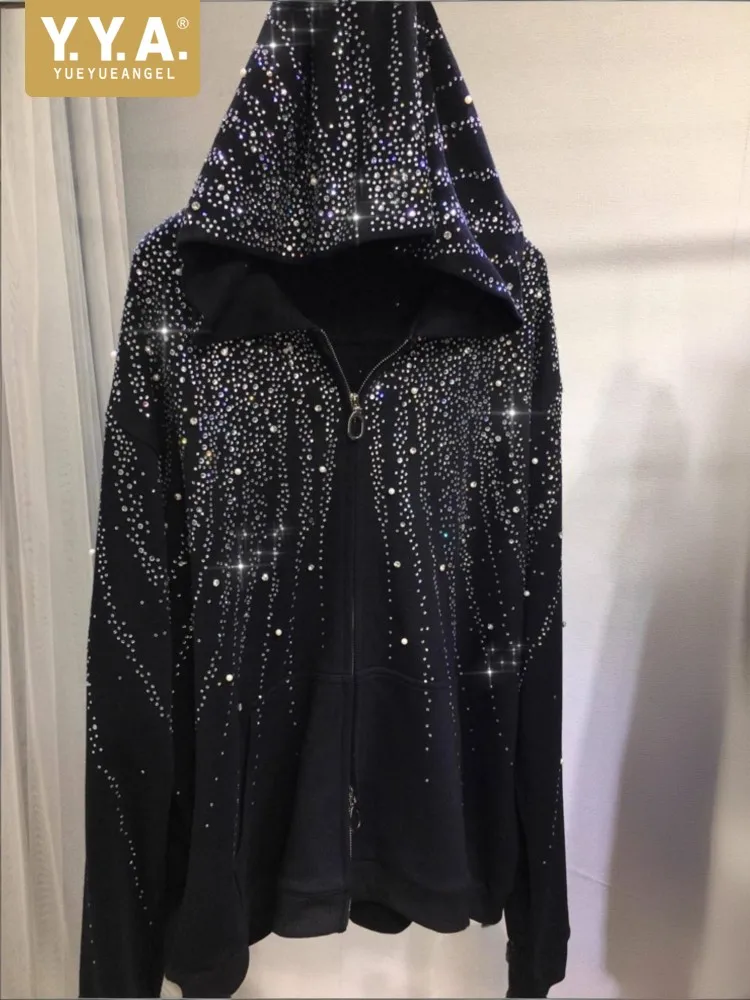 

Женская куртка на молнии с длинными рукавами и бриллиантами на флисовой подкладке, однотонная свободная модная теплая верхняя одежда средней длины с капюшоном