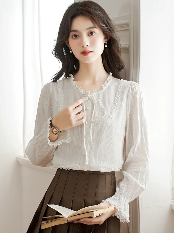 

Elegant White Shirt Women's Spring Autumn Winter New Sweet Small Bubble Sleeve Slimming Top Cotton Long Sleeve round Neck Sho...