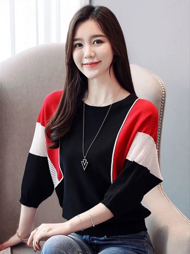 Color blocking striped seven quarter sleeves knitted sweater autumn new Korean version casual age reducing pullover top