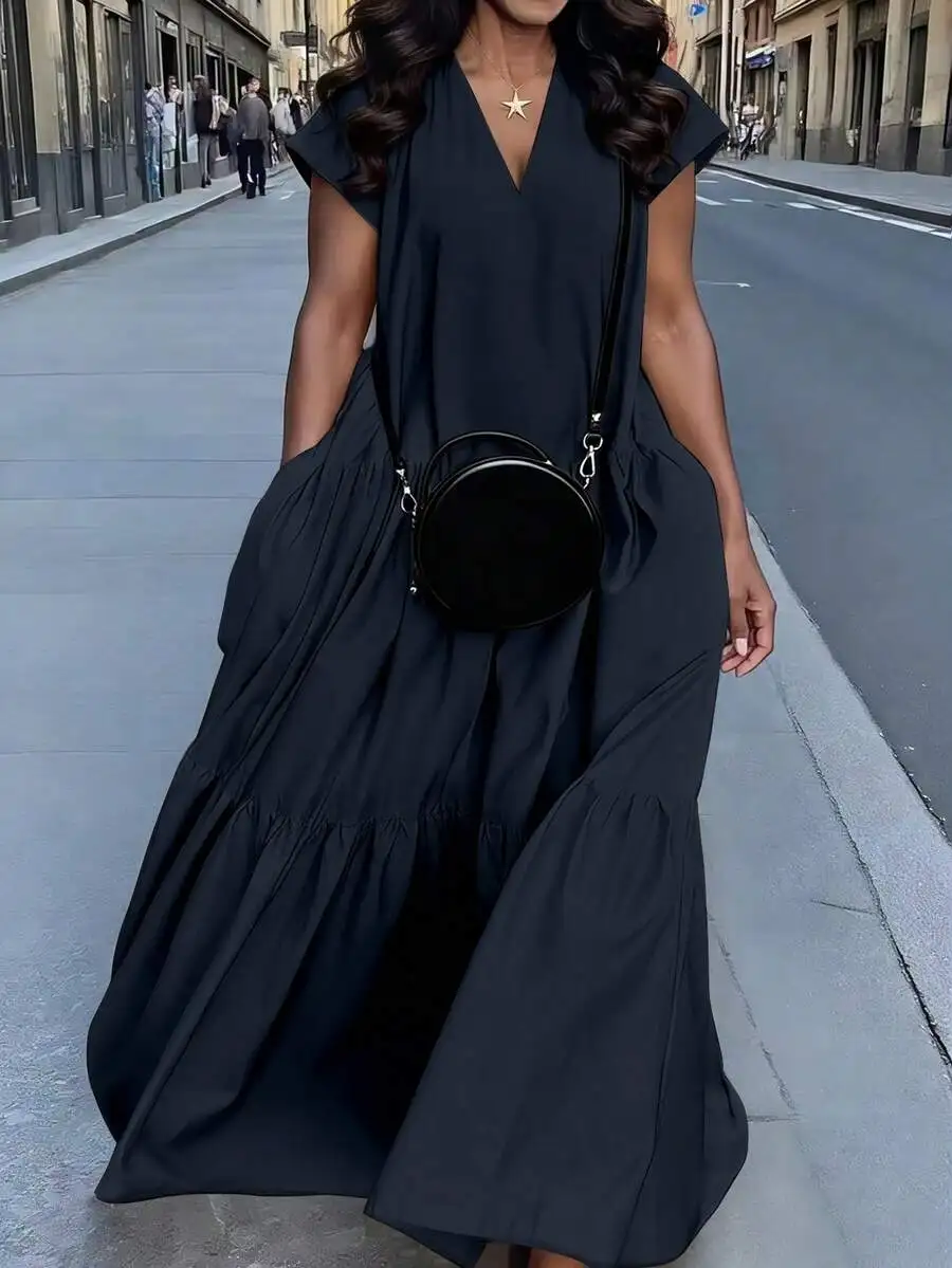 

Casual Solid Color V-Neck Tiered Maxi Dress For Women Summer