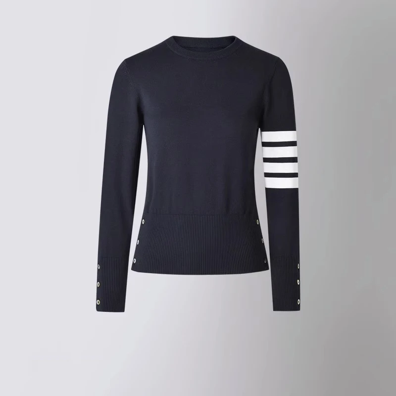 TB THOM-Pull en Laine à Manches sulfet Col Rond pour Femme, Chandail Classique Coréen, Rayé à 4 Barres, Tricot à la Mode, Décontracté, Qualité, TB