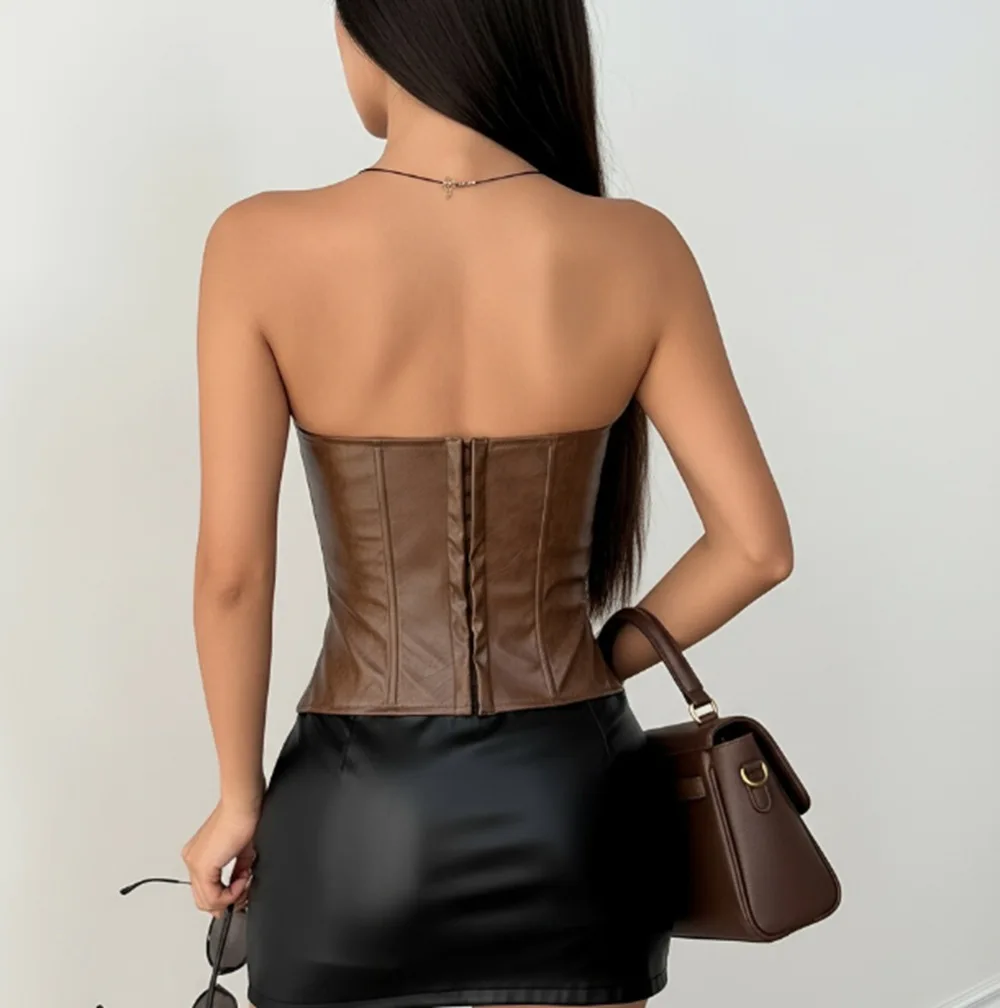 y2k New Trendy Low Cut Shoulder Bared Fitted Waist Leather Back Hollow out Tube Top Tank Vest Personalized Fashion