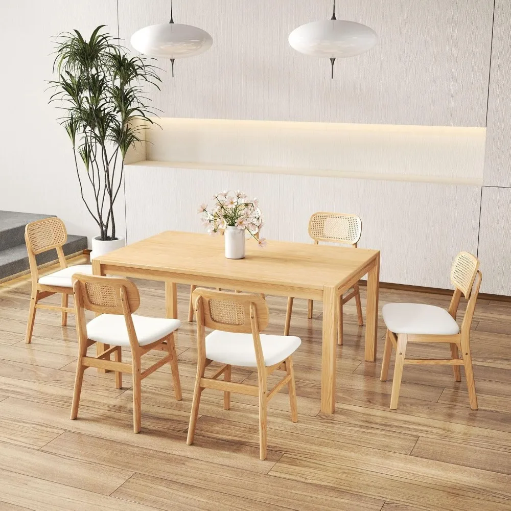 Set of 2 Farmhouse Dining Chairs, White Lambswool Upholstered with Rattan Detail & Natural Wooden Frame for Kitchen, Custom