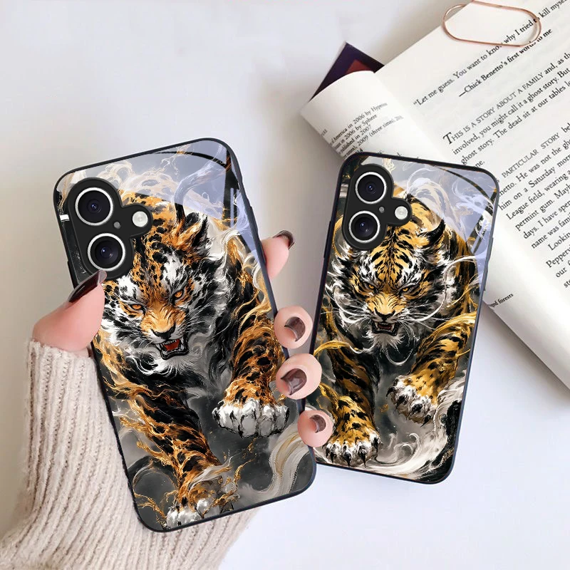Funda de Teléfono de Cristal Negro Mighty Golden Leopard para iPhone 16 Pro, 17 Pro Max, 11, 12 mini, 13, 14, XR, XS Max, 16E, 7, 8, SE, 5, 6 Plus, Air