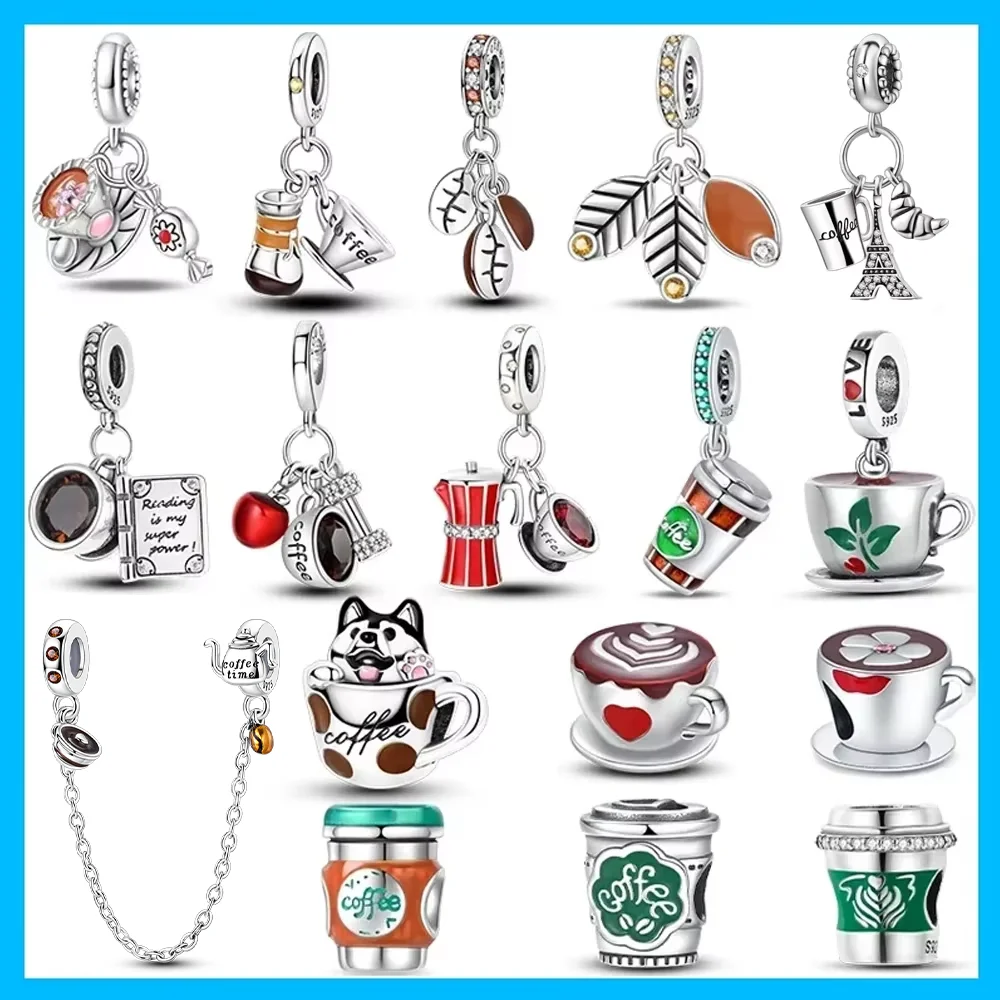 Coffee Pot Book Latte Heart Zircon Original Charms Silver Plated Beads Fit Bracelets Bag Keychain Diy Women Gift Accessory