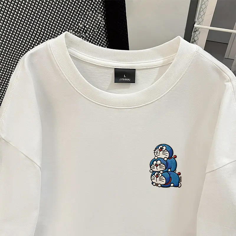 Doraemon Print Cartoon Imitation Embroidery Short-Sleeved T-shirt Summer Street Fashion Brand Pure Cotton Casual Top