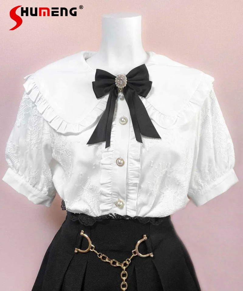 Lolita Sweet Clothing Rojita Girls' Ruffled Lace Collar Tops Ladies Summer Elegant Pure Color Short Sleeve Bow Shirts Femininas