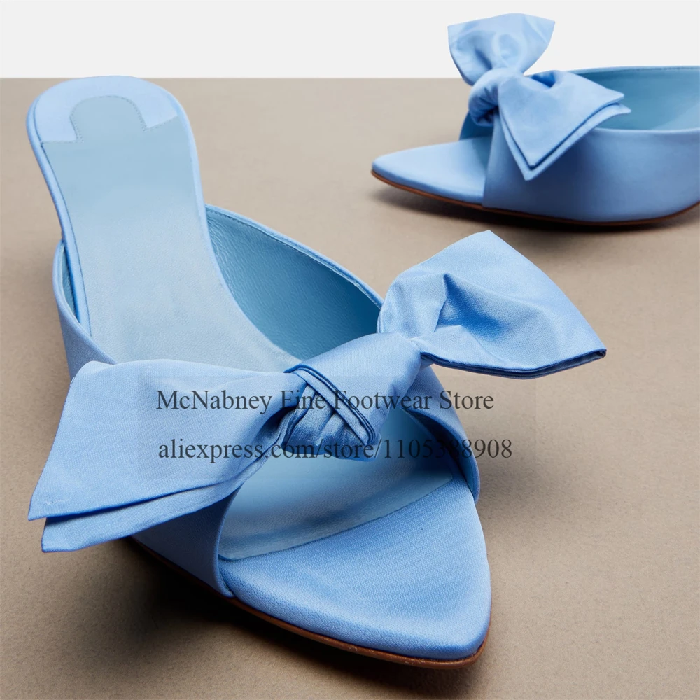 Blue Bowknot Peep Toe Kitten Heel Sandals Slip on Mid Heel Mules Casual Party Wedding Women Dress Shoes Plus Size Custom Color