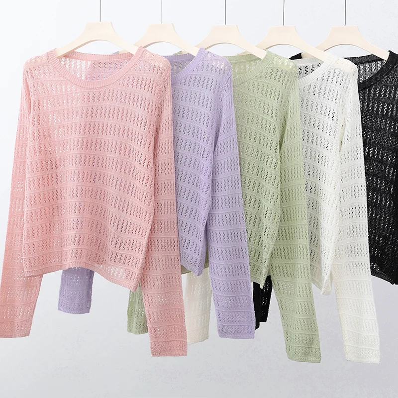 

2026 Summer New Round Neck Top Women's Hook Flower Hollow Thin Design Versatile Trendy Solid Color Knitted Shirt Sunscreen Shirt