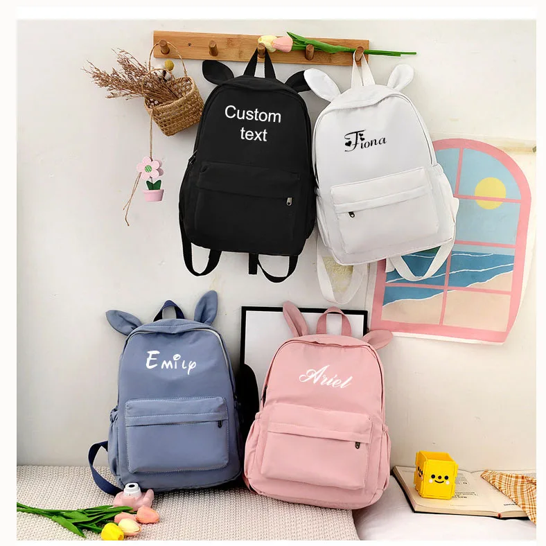 Mochila con Orejas de conejo para niñas, bolso de hombro con nombre personalizado, gran capacidad, mochila escolar, bolsa de viaje, regalo de cumpleaños para niños