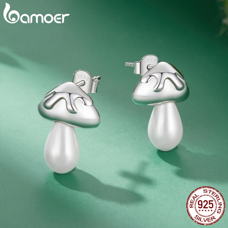 BAMOER Freshwater Pearl Mushroom Stud Earrings, Hypoallergenic 925 Sterling Silver Dainty Cute Earrings for Women SCE1819