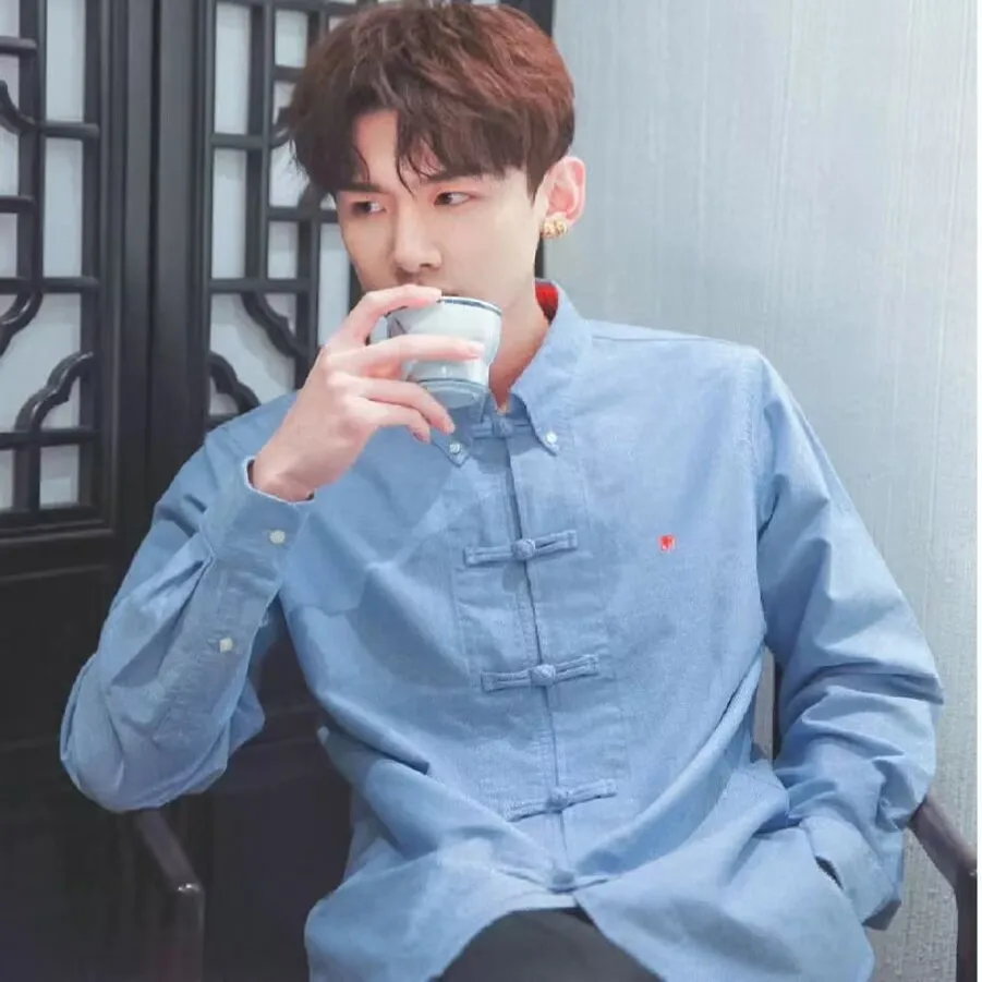 

Chin Chong Hsi Men's Long Sve Cotton Linen irt Collab Button Retro Sle ex Stand Fit Summer 2023 Faion Trend