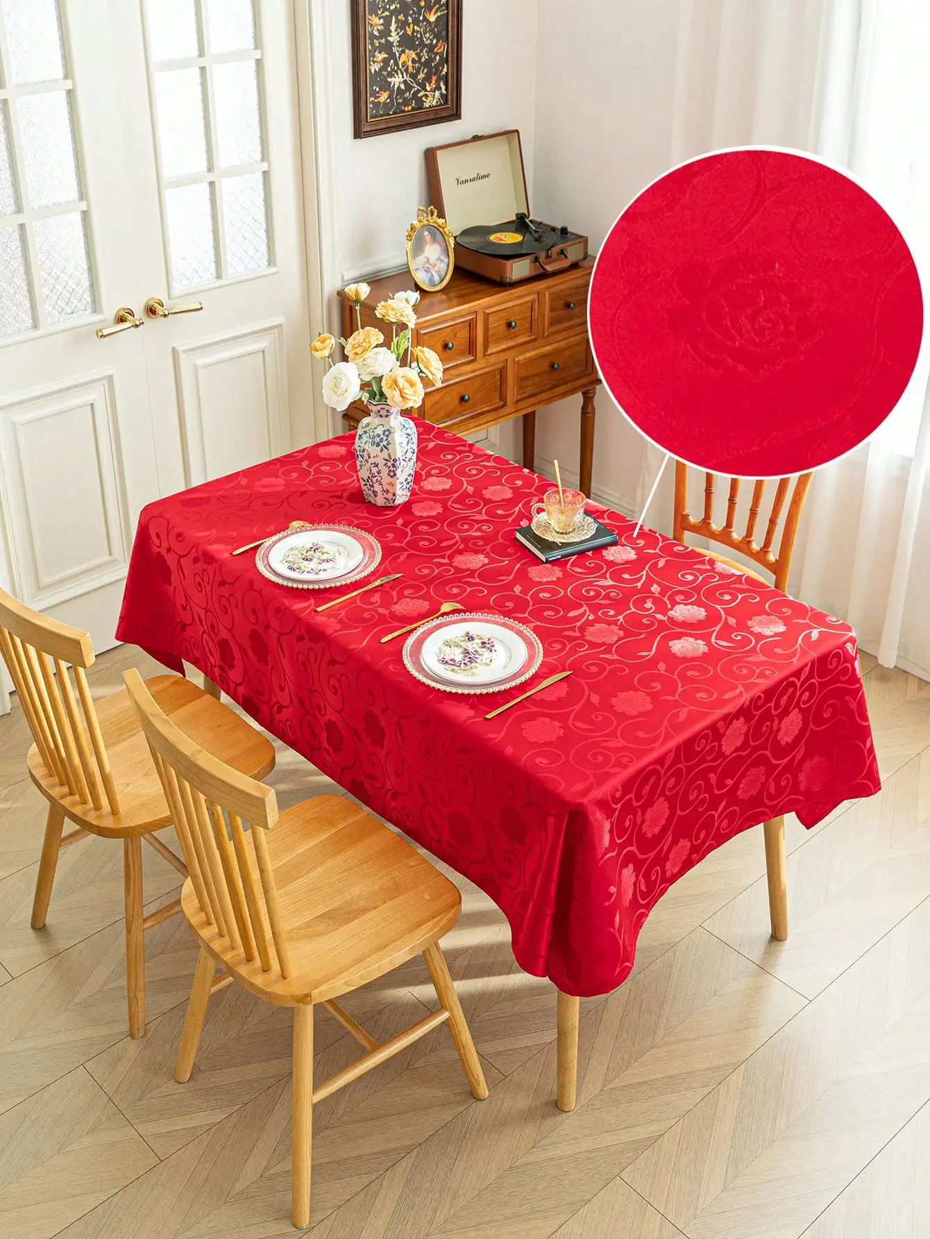 Mantel rectangular de varios tamaños con diseño floral de brocado, tela jacquard de poliéster, mantel suave lavable, adecuado para mesas de comedor, mesas de cocina, cafeterías, restaurantes, catering, bodas, bromas, picnics, mesas de patio al aire libre, saludos de Año Nuevo, etc.