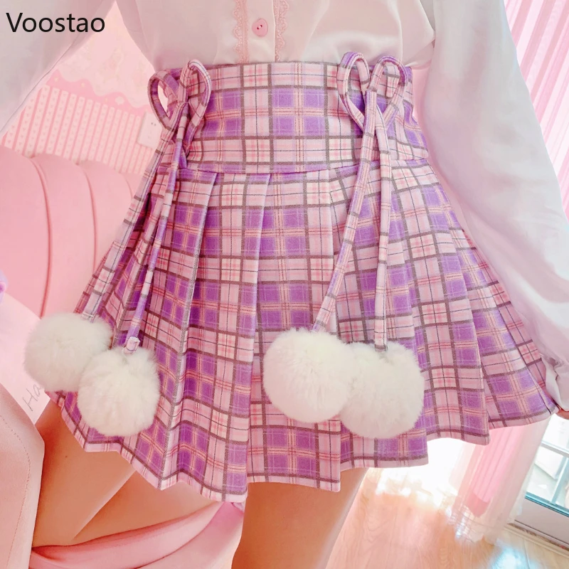 Sweet Lolita Style Women Skirts Japanese Kawaii Plush Ball Lace-Up Plaid Pleated Mini Skirts Girls Korean Cute Faldas Mujer Moda