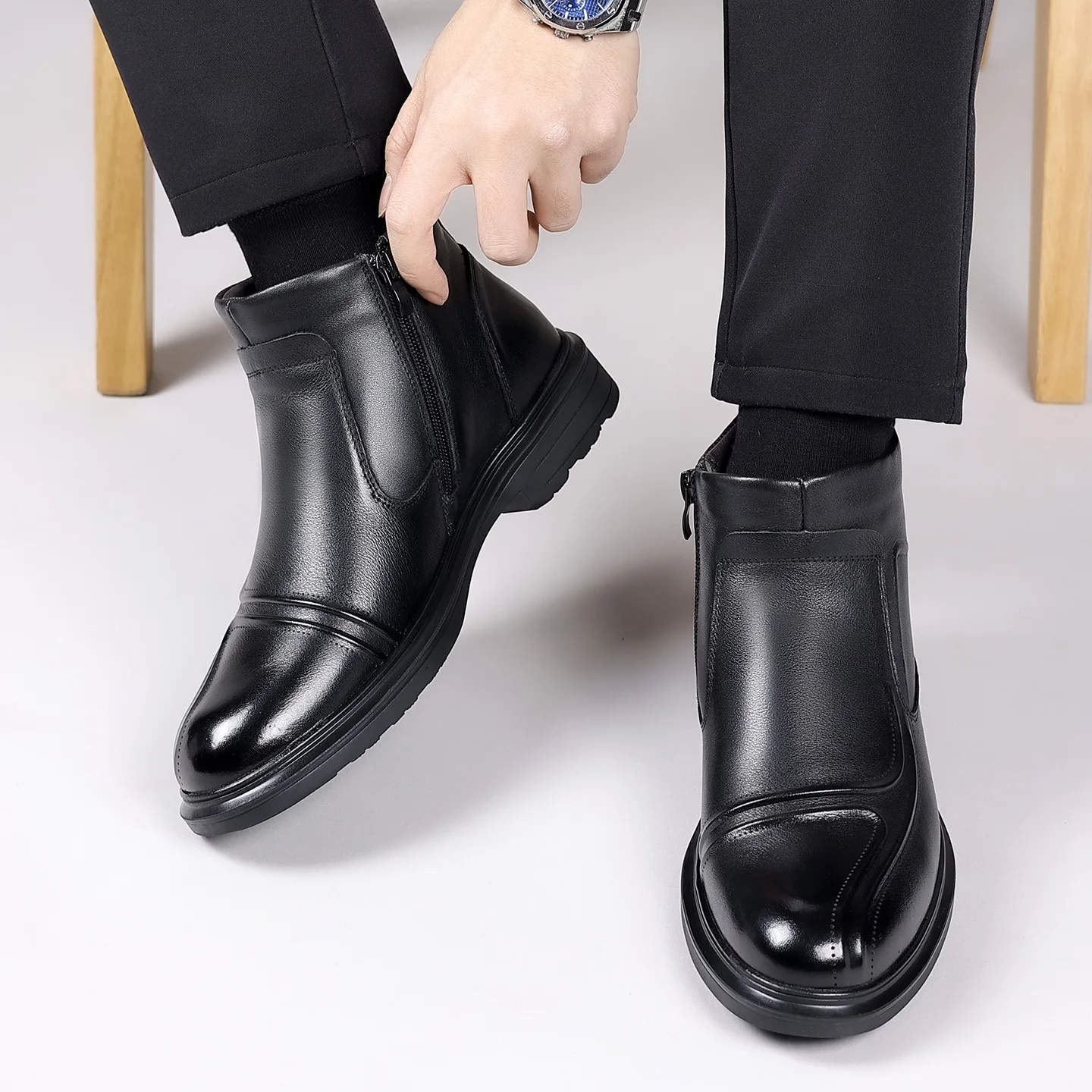 New Winter Wool Warm Business Formal Cotton Shoes Men's Genuine Leather Pointed-toe Fashion Boots Men's High-top Leather Shoes